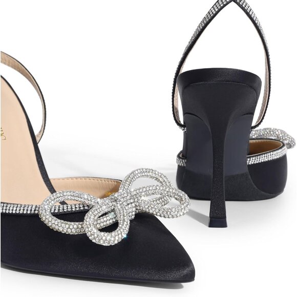 🆕 Women Black Ankle Strap Sparkly Bow Shine Star Wrap-Around High-Heel Pumps - Picture 6 of 8